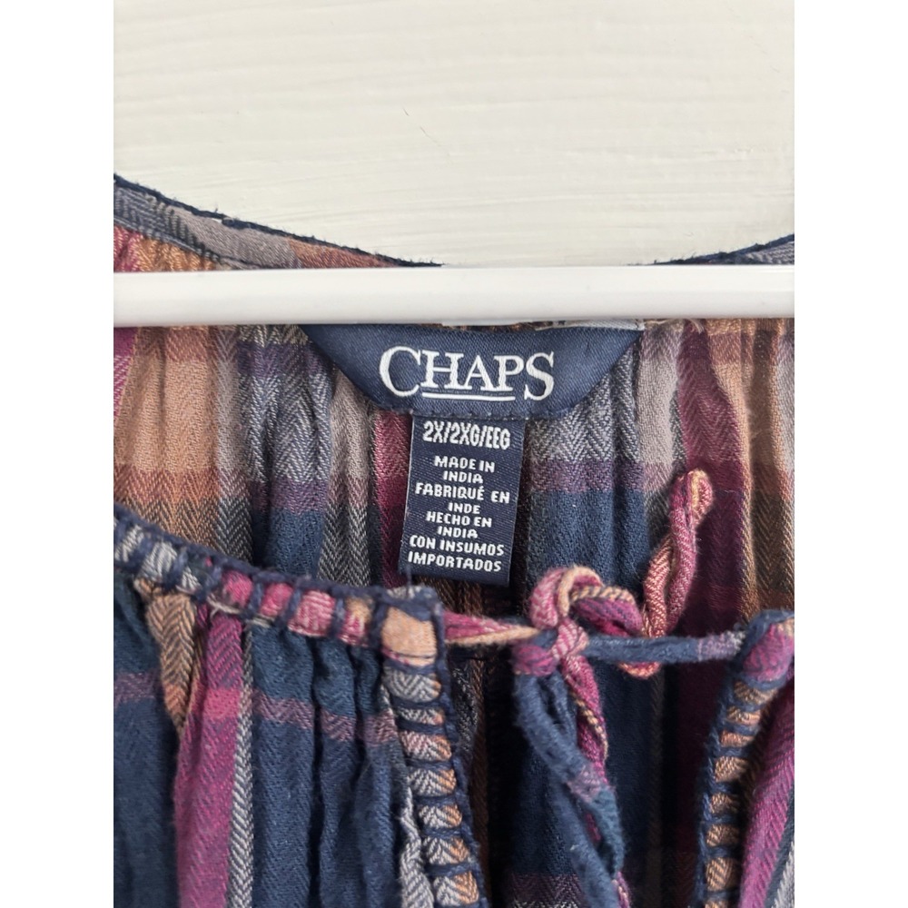 Chaps Cotton Plaid Peasant Blouse Women's 2X Long/Sl Cottage Boho - Picture 2 of 9